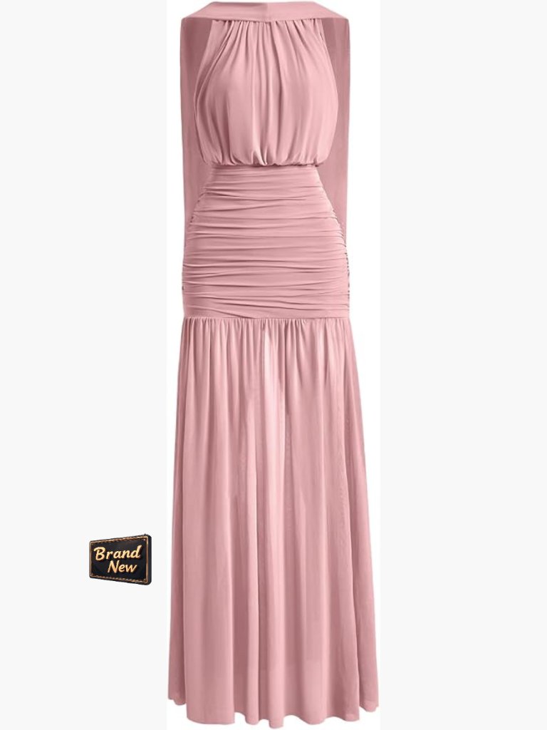 Elegant Backless Maxi Dress Formal Ruched Bodycon Slit Sleeveless Evening Party